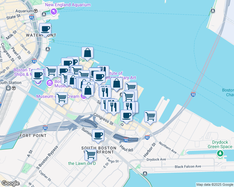 map of restaurants, bars, coffee shops, grocery stores, and more near 200 Seaport Boulevard in Boston