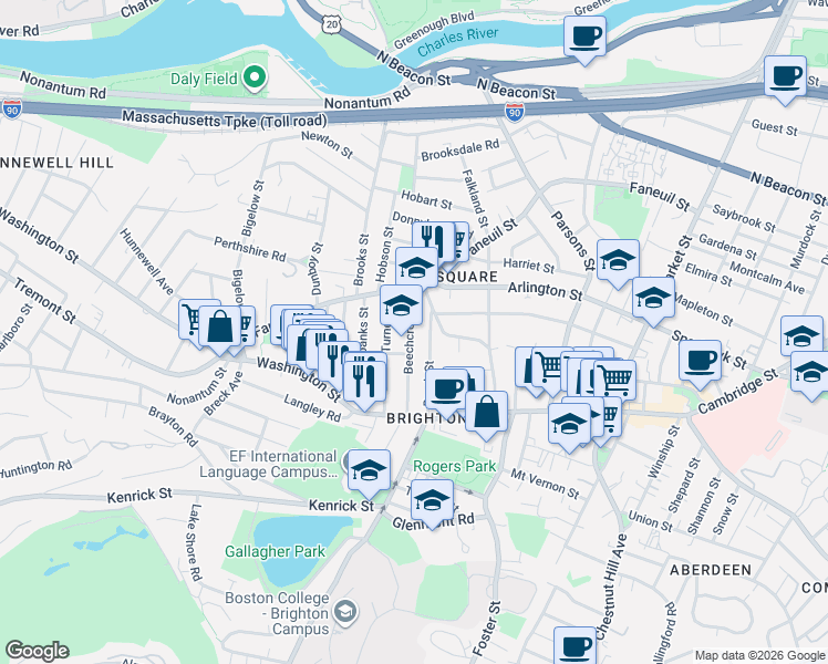 map of restaurants, bars, coffee shops, grocery stores, and more near 50 Beechcroft Street in Boston