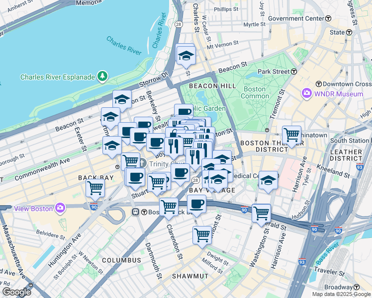 map of restaurants, bars, coffee shops, grocery stores, and more near 330 Boylston Street in Boston