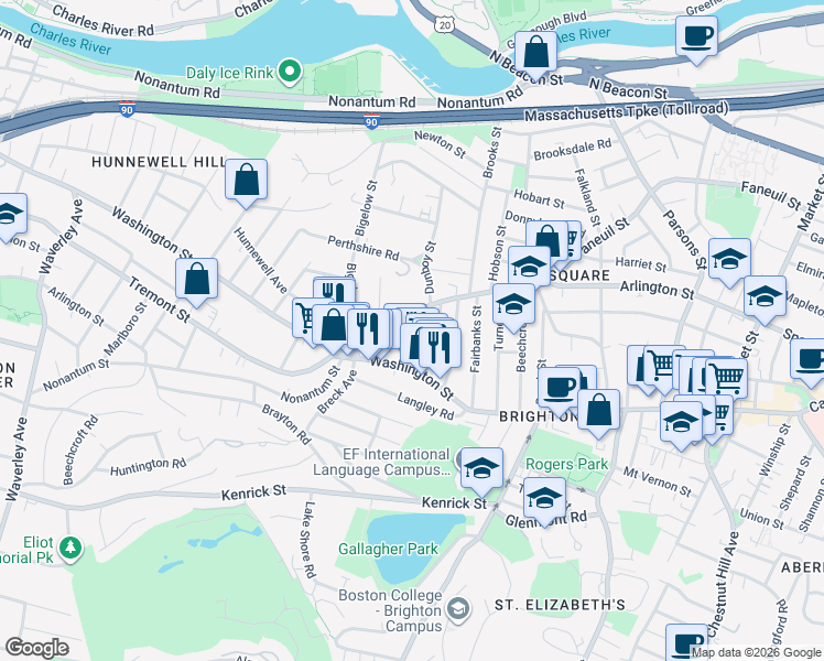 map of restaurants, bars, coffee shops, grocery stores, and more near 14 Brackett Street in Boston