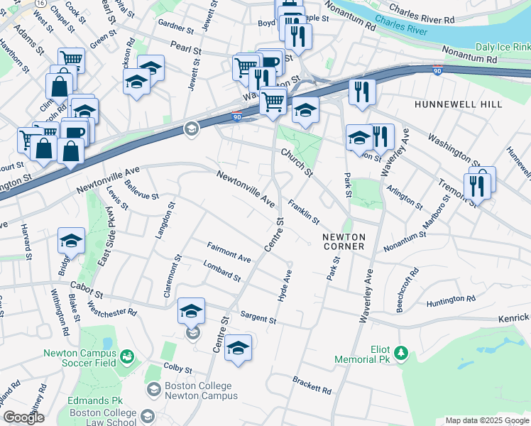 map of restaurants, bars, coffee shops, grocery stores, and more near in Newton