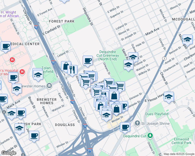 map of restaurants, bars, coffee shops, grocery stores, and more near 3434 Russell Street in Detroit