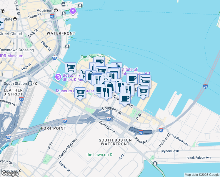 map of restaurants, bars, coffee shops, grocery stores, and more near 113 Pier Four Boulevard in Boston