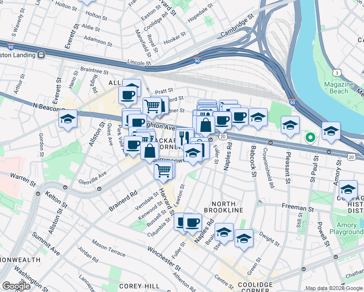 map of restaurants, bars, coffee shops, grocery stores, and more near 1131 Commonwealth Avenue in Boston