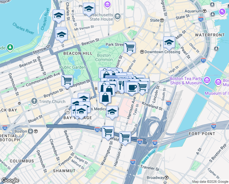 map of restaurants, bars, coffee shops, grocery stores, and more near 39 Stuart Street in Boston