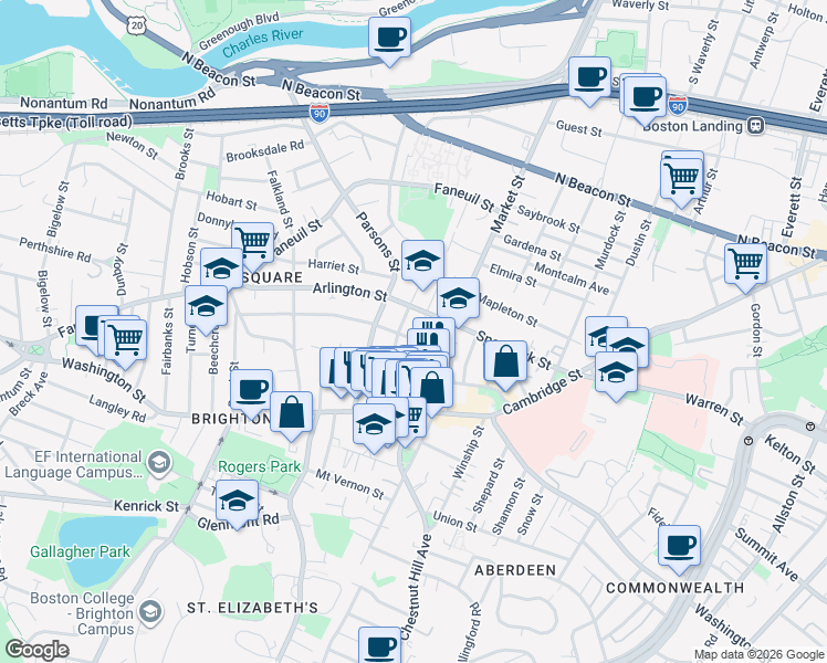 map of restaurants, bars, coffee shops, grocery stores, and more near 55 Leicester Street in Boston