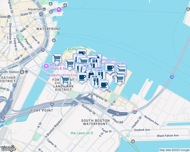 map of restaurants, bars, coffee shops, grocery stores, and more near 140 Seaport Boulevard in Boston