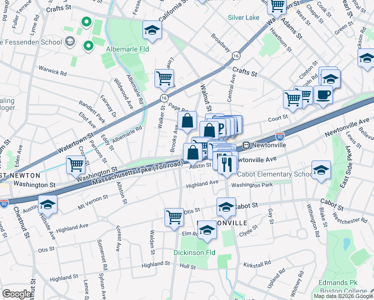 map of restaurants, bars, coffee shops, grocery stores, and more near 33 Austin Street in Newton