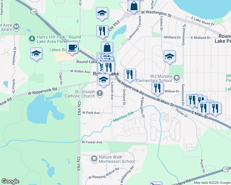 map of restaurants, bars, coffee shops, grocery stores, and more near 115 Lincoln Avenue in Round Lake