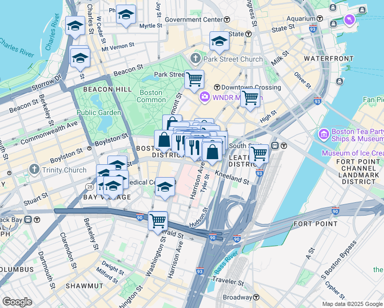 map of restaurants, bars, coffee shops, grocery stores, and more near 8 Kneeland Street in Boston