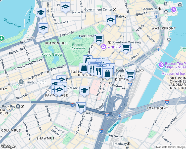 map of restaurants, bars, coffee shops, grocery stores, and more near 8 Kneeland Street in Boston