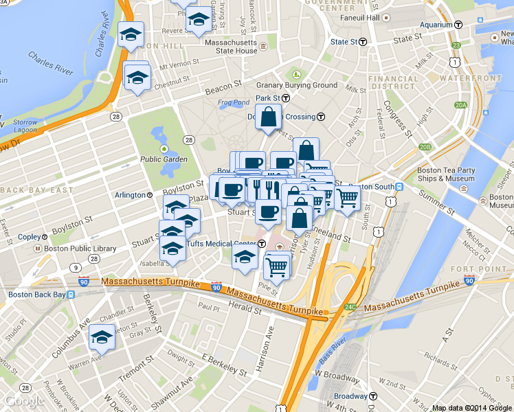 map of restaurants, bars, coffee shops, grocery stores, and more near 39 Stuart Street in Boston