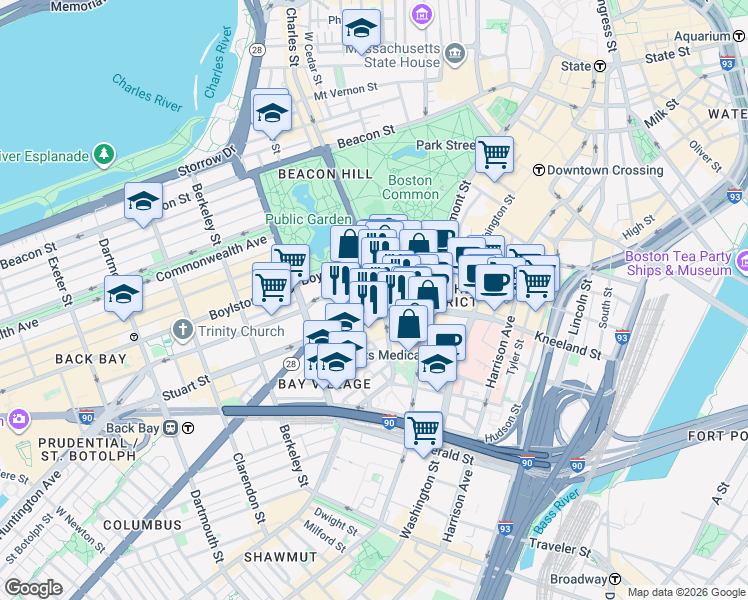 map of restaurants, bars, coffee shops, grocery stores, and more near 1 Charles Street South in Boston