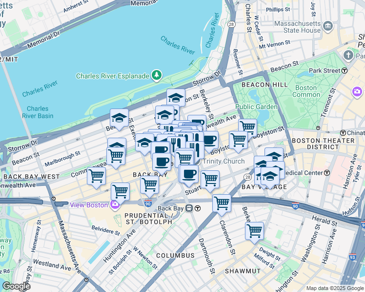 map of restaurants, bars, coffee shops, grocery stores, and more near 130B Newbury Street in Boston