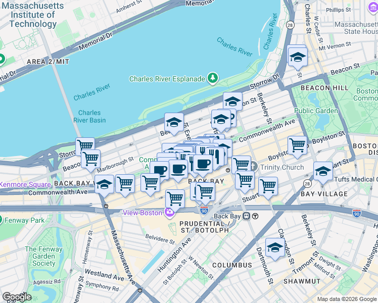 map of restaurants, bars, coffee shops, grocery stores, and more near 25 Exeter Street in Boston