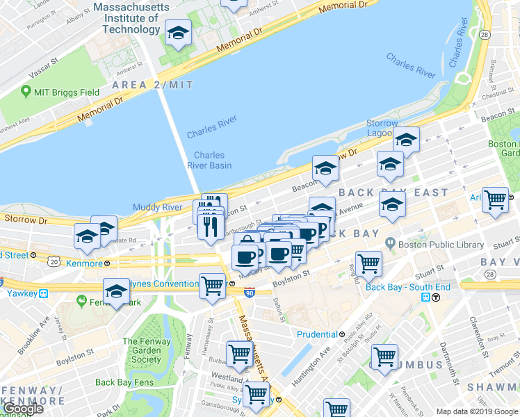 map of restaurants, bars, coffee shops, grocery stores, and more near 18 Hereford Street in Boston