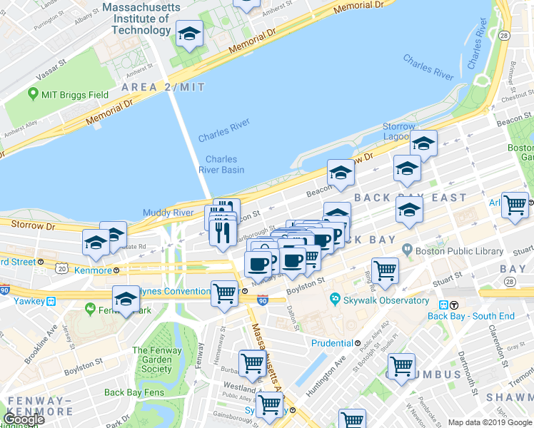 map of restaurants, bars, coffee shops, grocery stores, and more near 18 Hereford Street in Boston