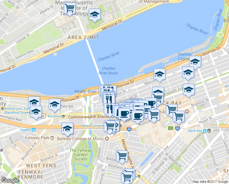 map of restaurants, bars, coffee shops, grocery stores, and more near 457 Beacon Street in Boston