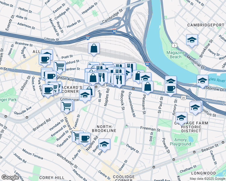 map of restaurants, bars, coffee shops, grocery stores, and more near 20 Winslow Road in Brookline