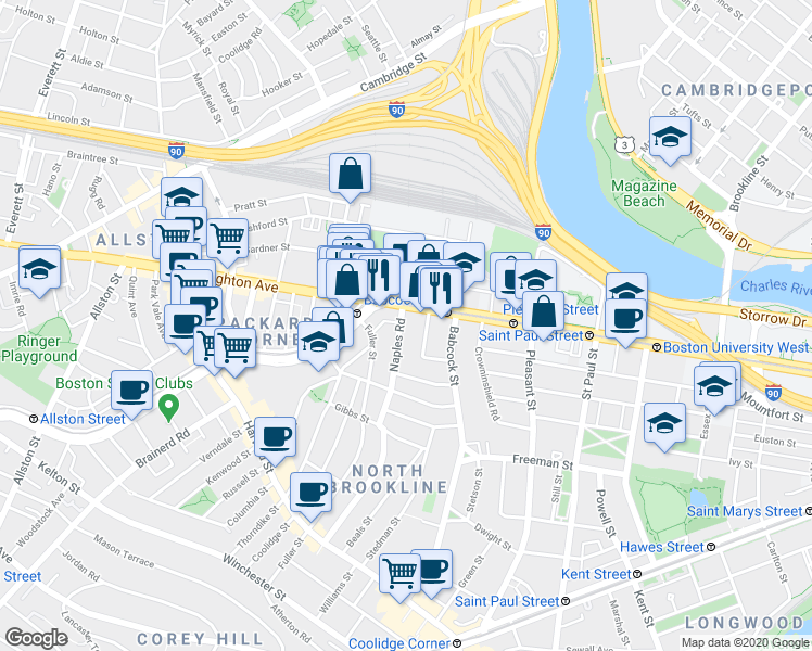 map of restaurants, bars, coffee shops, grocery stores, and more near 176 Naples Road in Brookline
