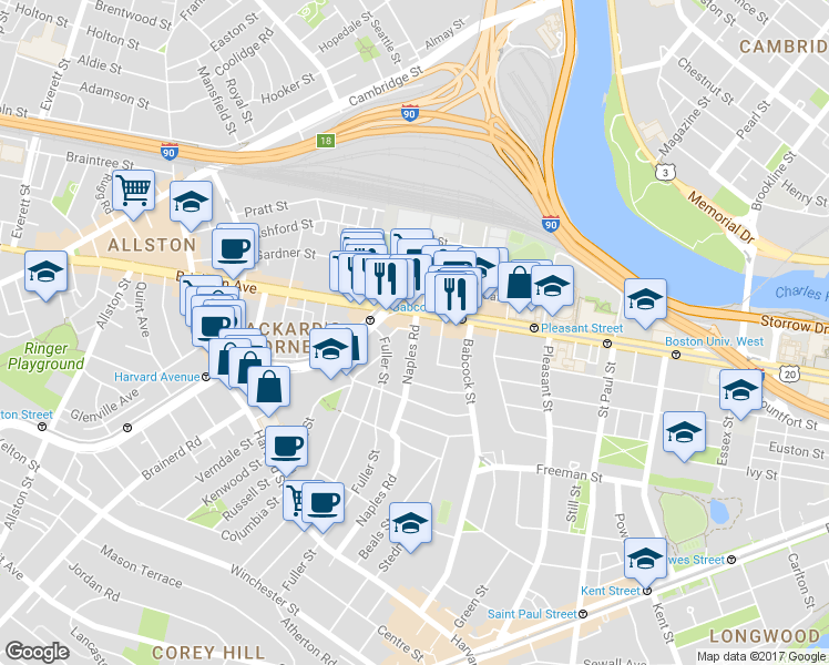 map of restaurants, bars, coffee shops, grocery stores, and more near 176 Naples Road in Brookline