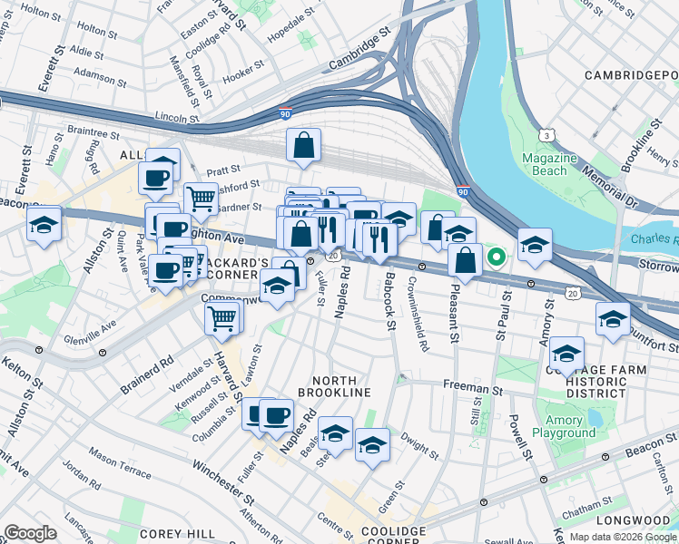 map of restaurants, bars, coffee shops, grocery stores, and more near 176 Naples Road in Brookline