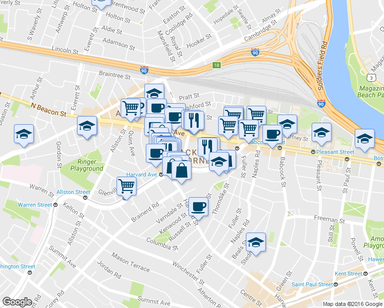 map of restaurants, bars, coffee shops, grocery stores, and more near 11 Chester Street in Boston