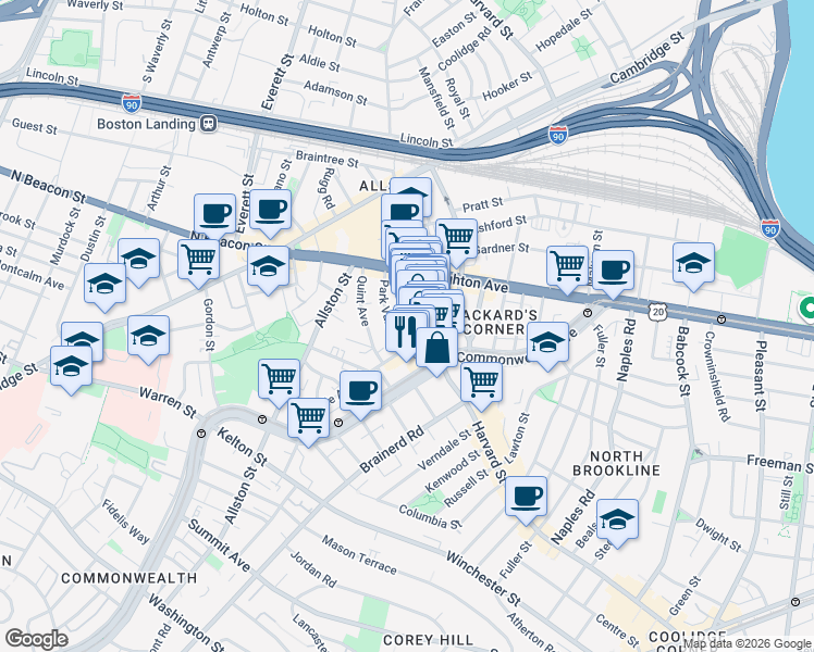 map of restaurants, bars, coffee shops, grocery stores, and more near 10-14 Park Vale Avenue in Boston