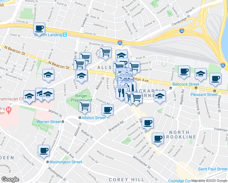 map of restaurants, bars, coffee shops, grocery stores, and more near 10-14 Park Vale Avenue in Boston