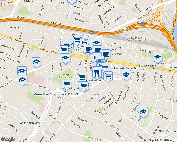 map of restaurants, bars, coffee shops, grocery stores, and more near 10-14 Park Vale Avenue in Boston