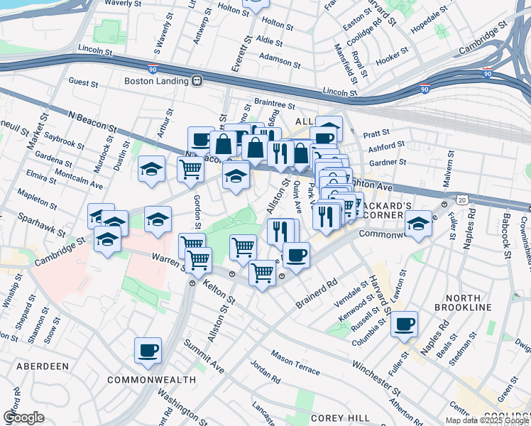 map of restaurants, bars, coffee shops, grocery stores, and more near 68 Allston Street in Boston