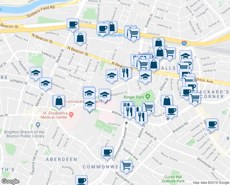 map of restaurants, bars, coffee shops, grocery stores, and more near 40B Ridgemont Street in Boston