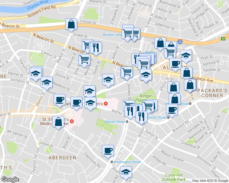 map of restaurants, bars, coffee shops, grocery stores, and more near 40B Ridgemont Street in Boston