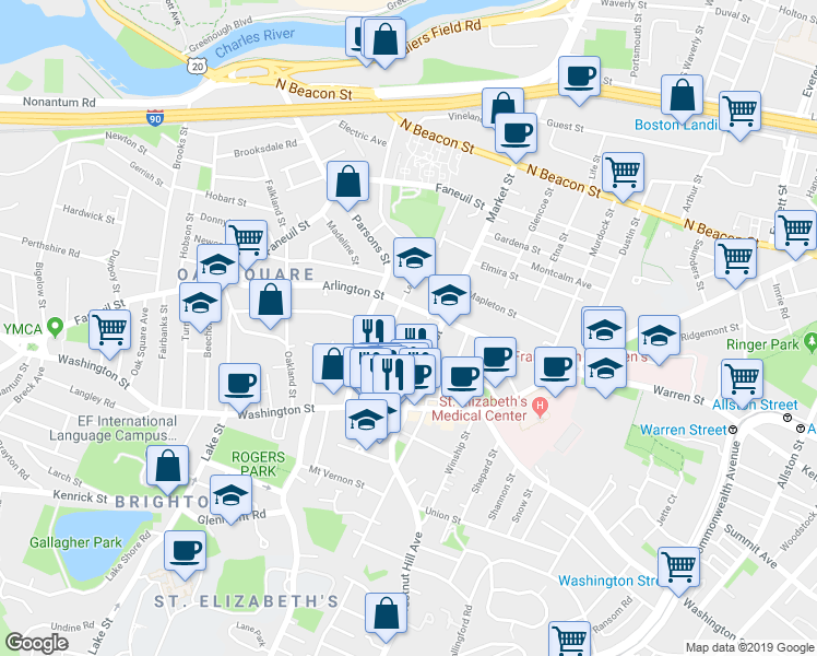 map of restaurants, bars, coffee shops, grocery stores, and more near 55 Leicester Street in Boston