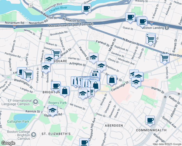 map of restaurants, bars, coffee shops, grocery stores, and more near 55 Leicester Street in Boston