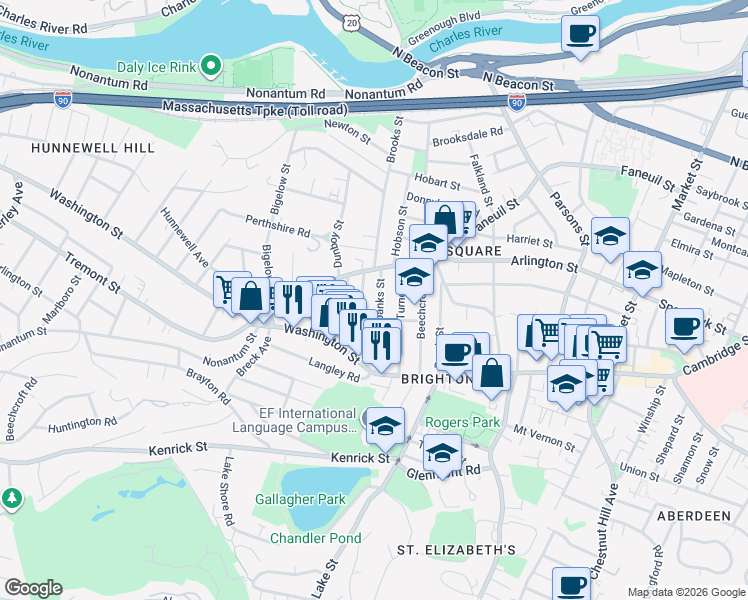 map of restaurants, bars, coffee shops, grocery stores, and more near 52 Fairbanks Street in Boston