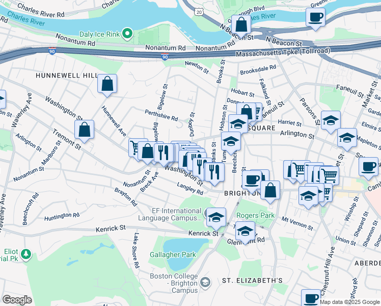 map of restaurants, bars, coffee shops, grocery stores, and more near 25-27 Montfern Avenue in Boston