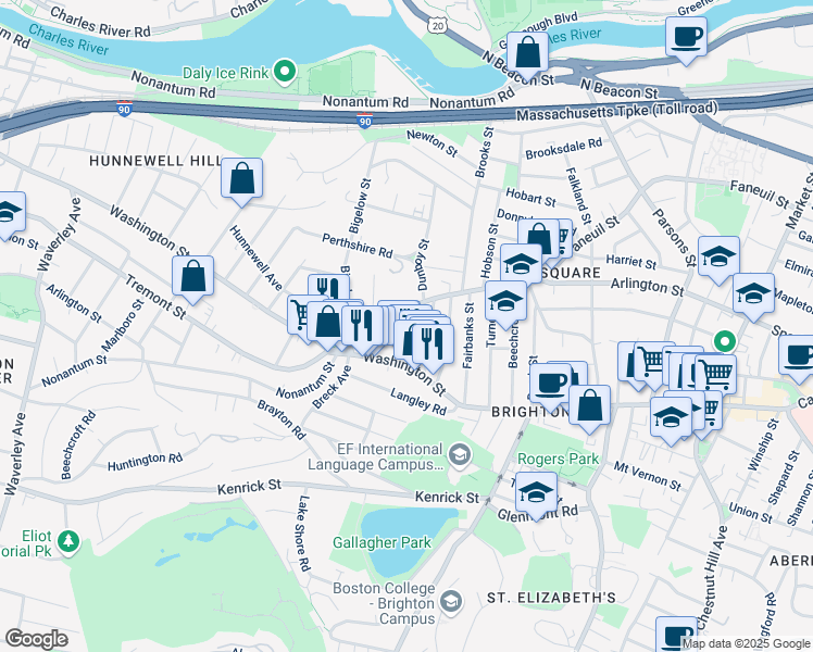 map of restaurants, bars, coffee shops, grocery stores, and more near 14 Brackett Street in Boston
