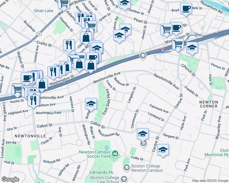 map of restaurants, bars, coffee shops, grocery stores, and more near 98 East Side Parkway in Newton