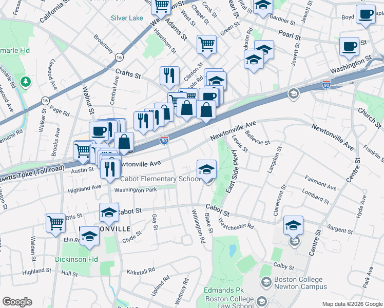 map of restaurants, bars, coffee shops, grocery stores, and more near 330 Newtonville Avenue in Newton