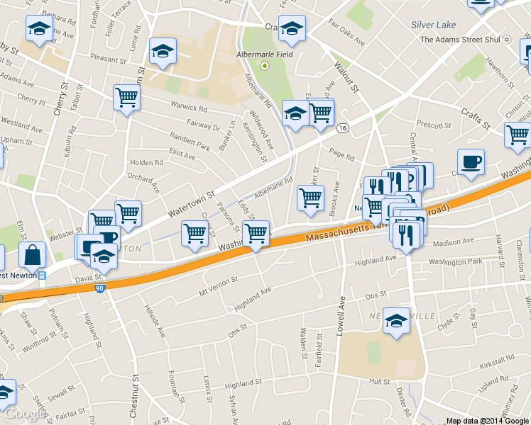 map of restaurants, bars, coffee shops, grocery stores, and more near 41 Harrington Street in Newton
