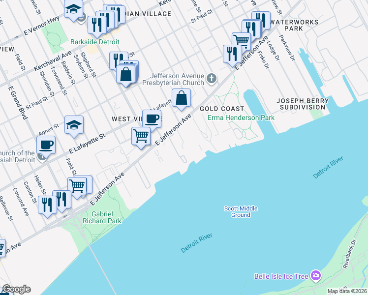 map of restaurants, bars, coffee shops, grocery stores, and more near 8120 East Jefferson Avenue in Detroit