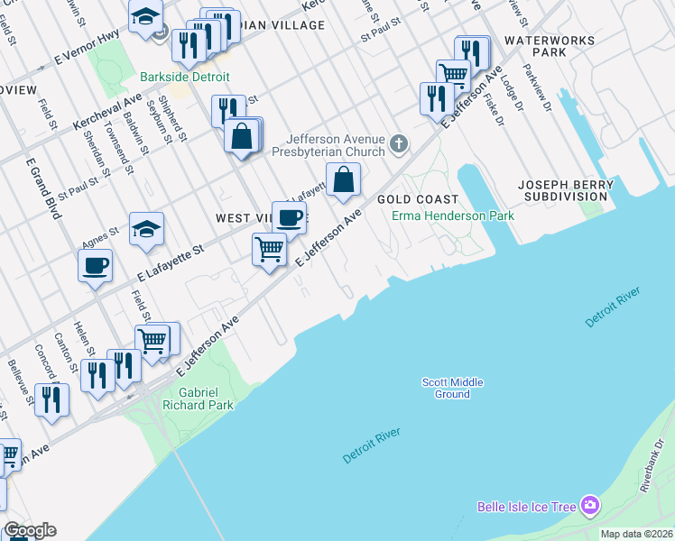 map of restaurants, bars, coffee shops, grocery stores, and more near 8120 East Jefferson Avenue in Detroit