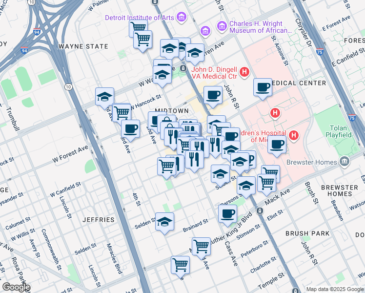 map of restaurants, bars, coffee shops, grocery stores, and more near 4229 Cass Avenue in Detroit