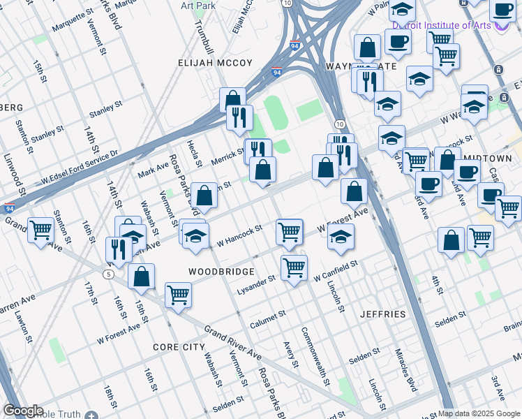 map of restaurants, bars, coffee shops, grocery stores, and more near 1534 West Hancock Street in Detroit
