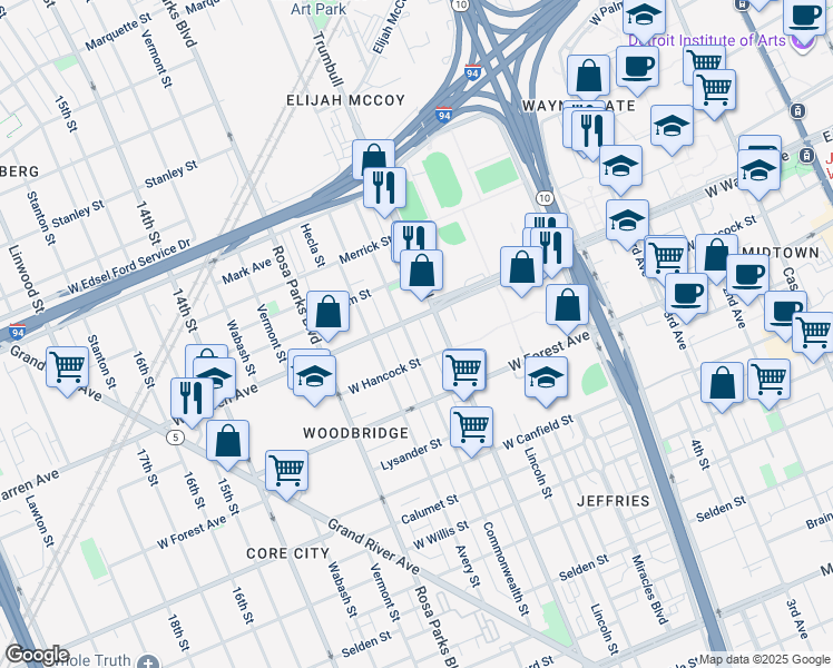 map of restaurants, bars, coffee shops, grocery stores, and more near 1534 West Hancock Street in Detroit