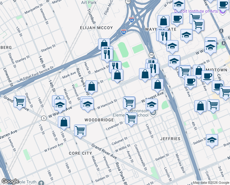 map of restaurants, bars, coffee shops, grocery stores, and more near 1534 West Hancock Street in Detroit