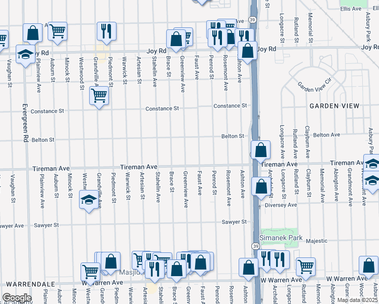 map of restaurants, bars, coffee shops, grocery stores, and more near 8027 Faust Avenue in Detroit