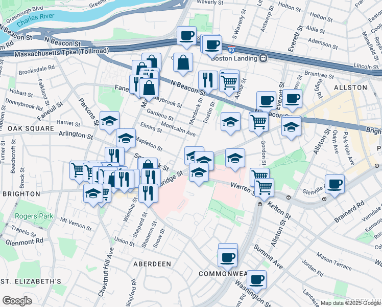 map of restaurants, bars, coffee shops, grocery stores, and more near 18 Dustin Street in Boston
