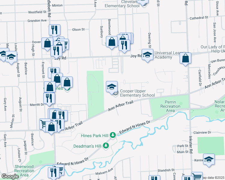 map of restaurants, bars, coffee shops, grocery stores, and more near 28550 Ann Arbor Trail in Westland